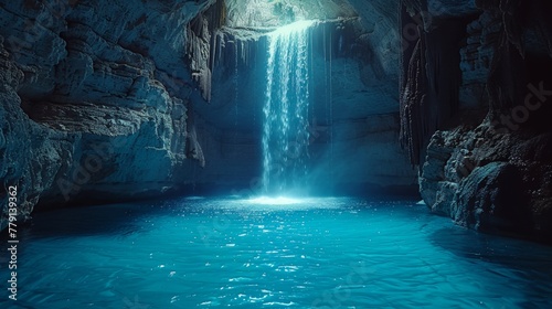 Majestic cave waterfall in hyper realistic cinematography with single light illumination