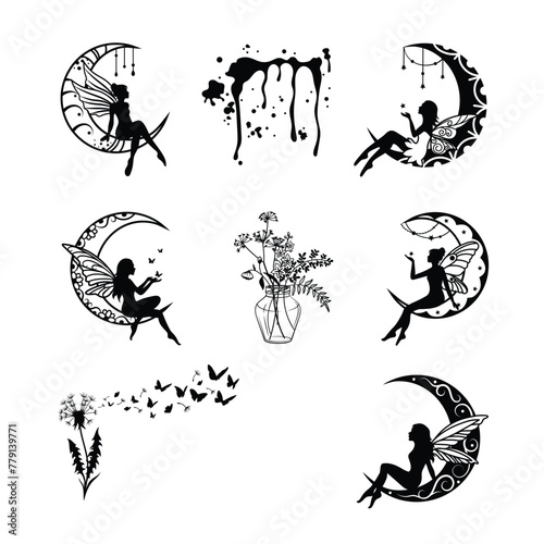  Set of flower moon and fairy vector illustration.