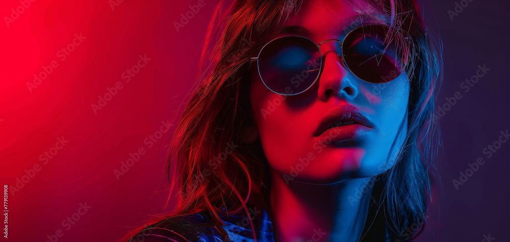 Obraz premium Portrait of fashion young girl in cool sunglasses in red and blue neon light in the studio. Glitch cyber effect created with Generative AI technology