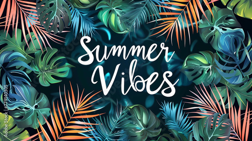 Summer vibes web banner. Beautiful background on tropical palm trees and leaves, vector illustration, text "Summer Vibes". Summer illustration, design for poster, publicity, print for T-shirt. Sunny s © Dirk