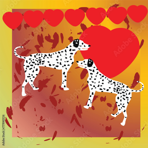 Dalmatian dogs gathered around a big red heart with a heart wreath