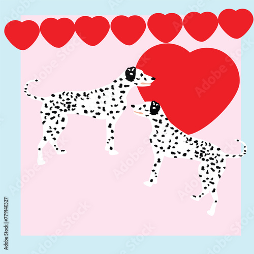 Dalmatian dogs gathered around a big red heart with a heart wreath flat design