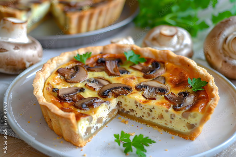 A vegan quiche with mushrooms and onions A vegan quiche with mushrooms and onions
