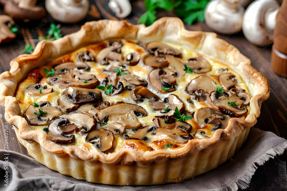 A vegan quiche with mushrooms and onions A vegan quiche with mushrooms and onions