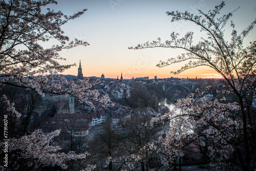 Series - City of Bern at sunset, long time exposire, view from Rosengarten with cherry blossoms in the foreground photo