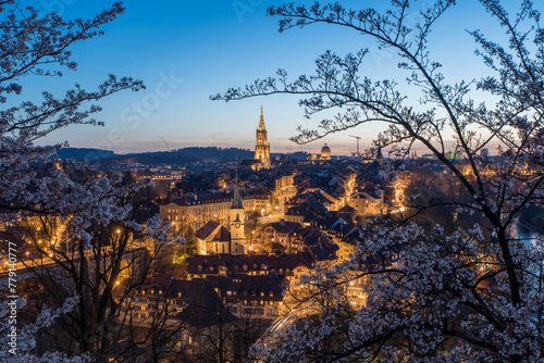 Series - City of Bern at sunset, long time exposire, view from Rosengarten with cherry blossoms in the foreground photo