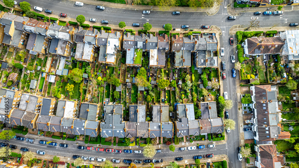 Aerial view of houses in Chiswick, a leafy London suburb with a village feel