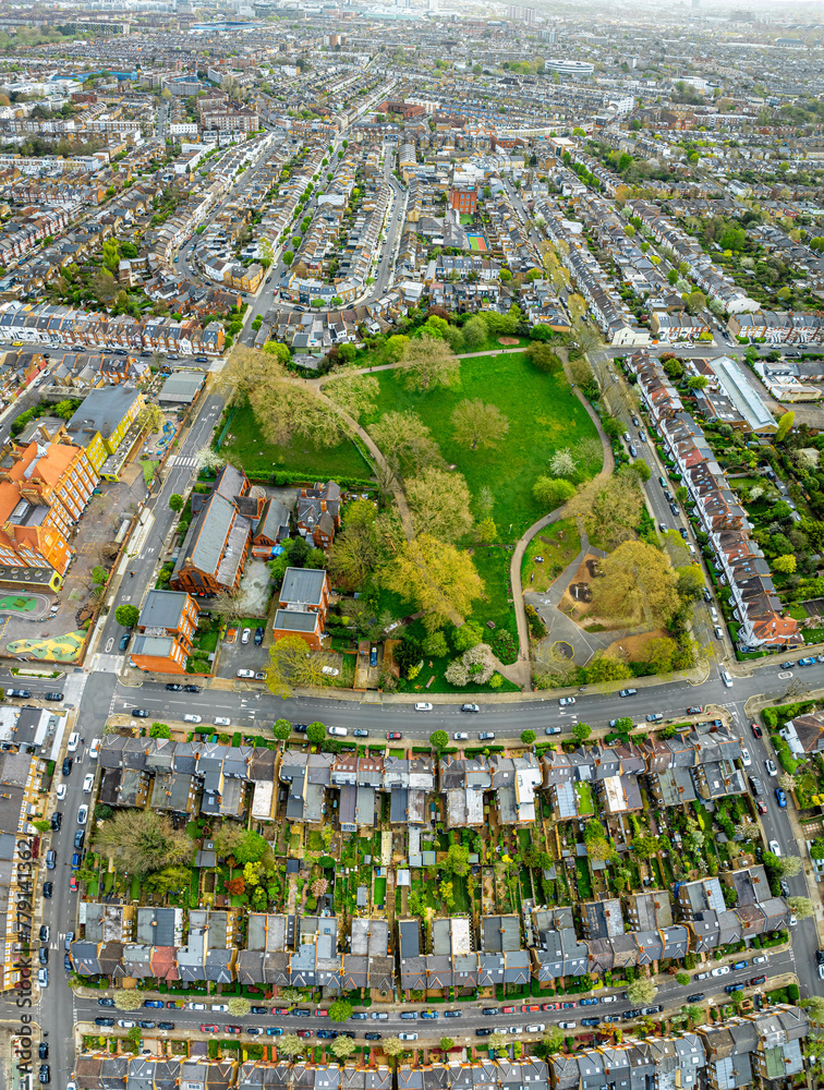 Aerial view of houses in Chiswick, a leafy London suburb with a village feel
