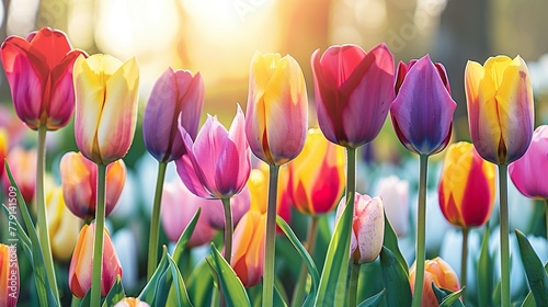 Colorful tulips in the grass on a sunny spring day. 
Beautiful spring natural background #779141509