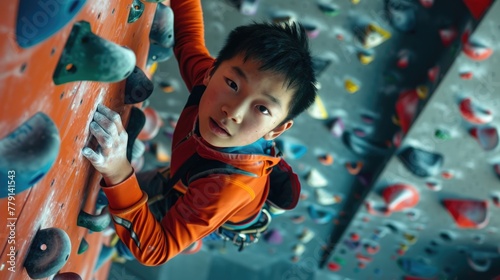 A young boy is intently climbing an indoor rock wall
