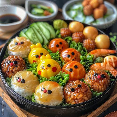 An intricately designed bento box filled with animal-shaped rice balls and accompanying side dishes, showcasing the elegance of Japanese lunch art photo