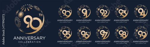set of 90 to 99th anniversary logotype design, with golden fireworks for celebration event, wedding, and birthday, vector illustration