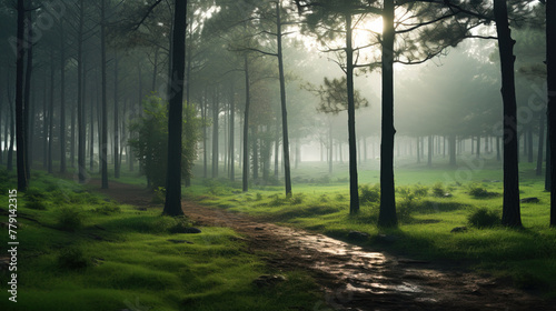 misty morning in the forest.