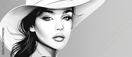 A monochrome illustration of a woman with a hat showing detailed features like nose, lip, eye, jaw, and eyelash. The art captures a moment of her in a stylish gesture wearing headgear