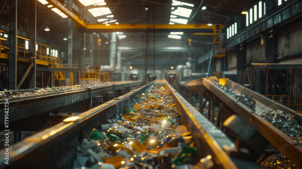 A busy metal recycling facility with sorting lines and melting furnaces, momentarily still but ready to recycle metal waste into reusable materials