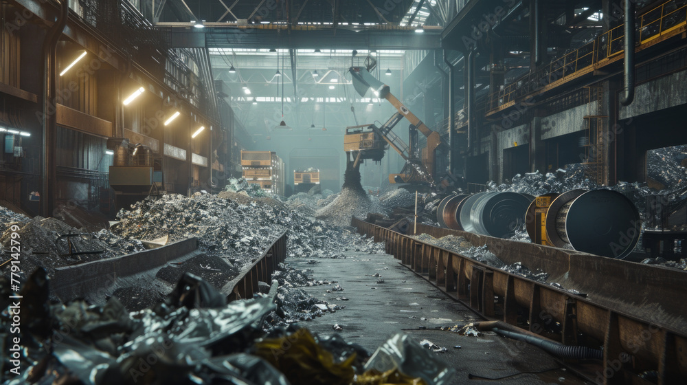 A busy metal recycling facility with sorting lines and melting furnaces, momentarily still but ready to recycle metal waste into reusable materials