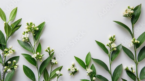 green twigs with leaves and flowers.