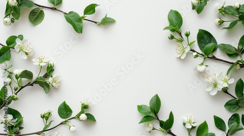 green twigs with leaves and flowers.