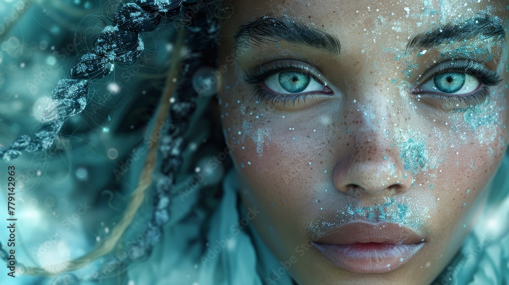   A tight shot of a woman with blue eyes, covered in snow, and hair billowing in the wind