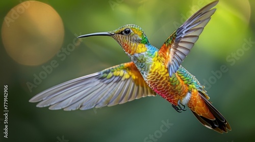   A hummingbird flying, vivid wings spread, blurry background recedes © Jevjenijs