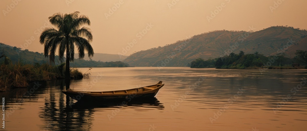   A small boat floats atop the river, adjacent to a lush, green hillside teeming with trees and a solitary palm tree