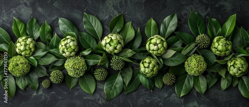   Green flowers and leaves against a black backdrop, framed by a border of verdant leaves on the left photo