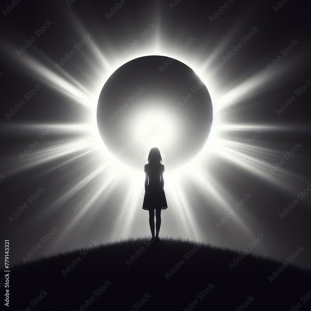 Silhouette of a woman, person looking at a solar eclipse in the sky. Silhouette of a woman, person looking at a solar eclipse in the sky.