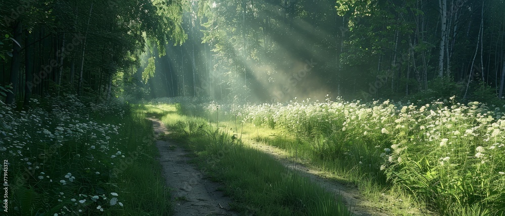   A path in the forest, bordered by sunbeams and wildflowers