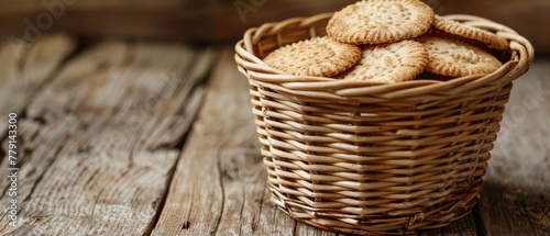 A wicker basket, brimming with cookies, sits atop one table An adjacent table holds a bottle of wine