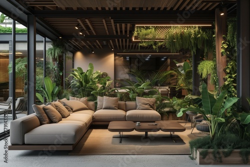 modern large open living room with furniture and plants in a ceiling with wooden posts