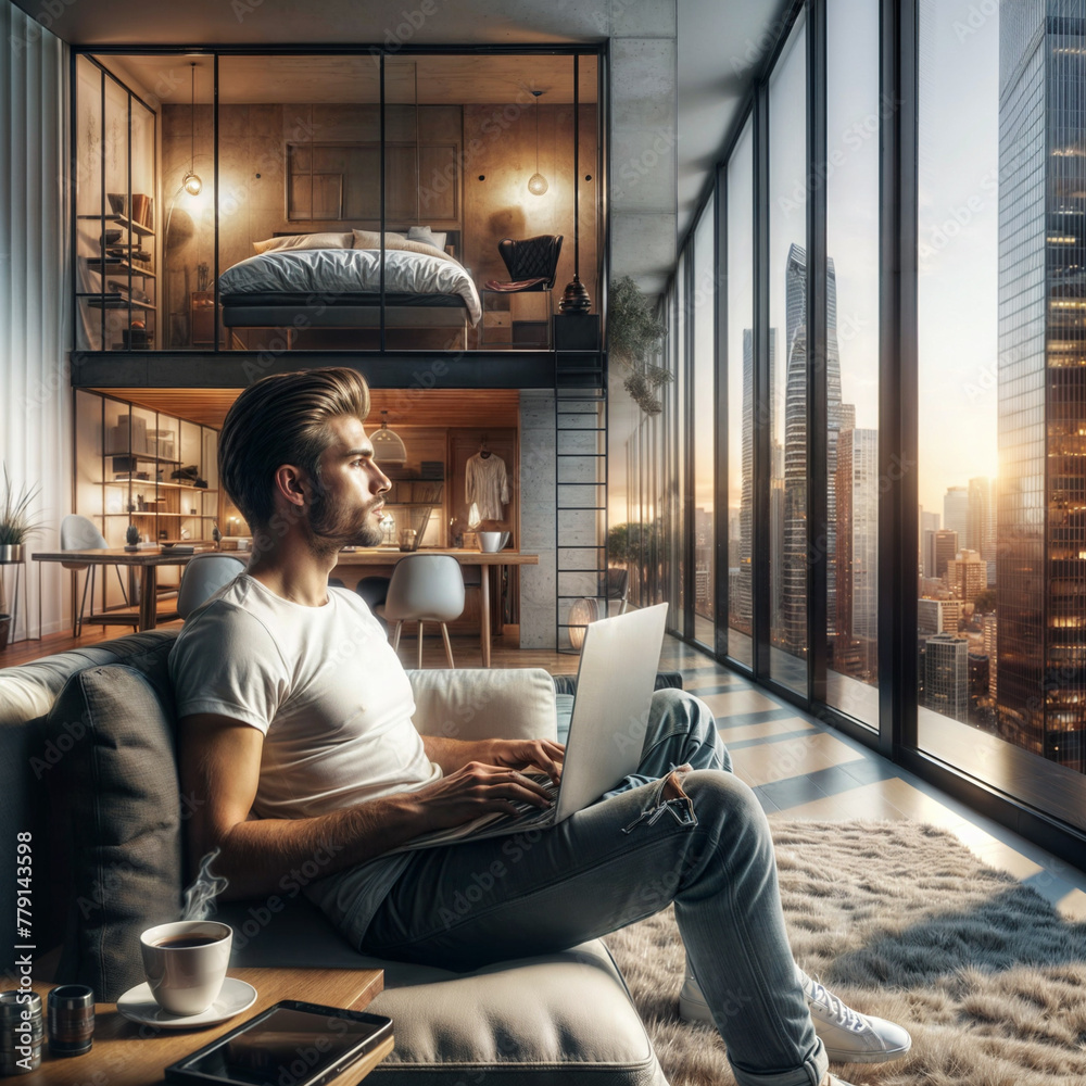 A man sits on a couch with a A man sits on a couch with a laptop on his lap. He looks out the window at the city skyline. A bed is visible in the upper level of the room. A man sits on a couch with a A man sits on a couch with a laptop on his lap. He looks out the window at the city skyline. A bed is visible in the upper level of the room.