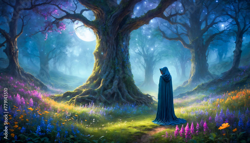A cloaked person stands on a forest path surrounded by vibrant flowers, gazing at a giant tree bathed in moonlight.