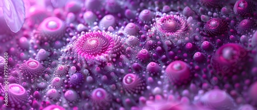  A tight shot of numerous bubbles on a purple backdrop, featuring a pink blossom at the image's center