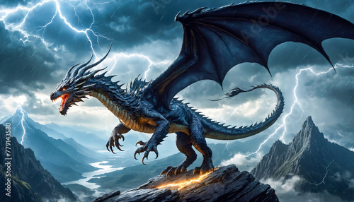 A powerful blue dragon with expansive wings spreads its jaws in a roar against a backdrop of lightning and rugged mountains.