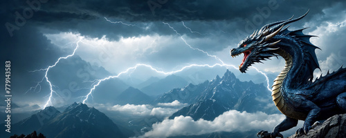 A powerful blue dragon with expansive wings spreads its jaws in a roar against a backdrop of lightning and rugged mountains.