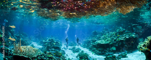 A serene underwater landscape showcasing vibrant coral formations, with sunbeams piercing through the clear ocean depths.
