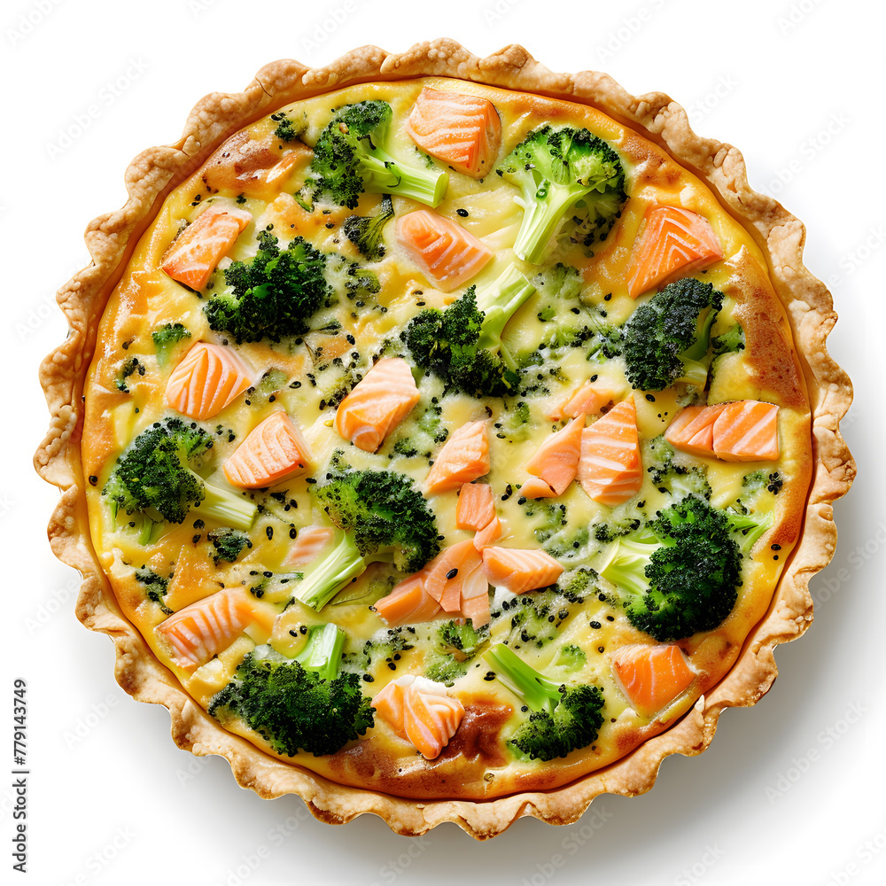 Delicious homemade quiche with salmon and broccoli top view isolated on white Delicious homemade quiche with salmon and broccoli top view isolated on white