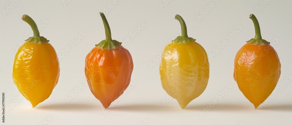   Three peppers arranged on a white table, adjacent to a white wall
