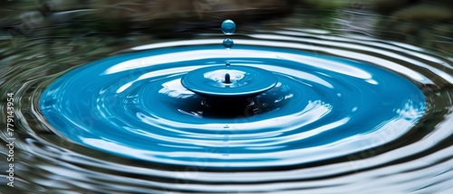  A tight shot of a blue water droplet hovering above a still pool, surrounded by verdant plant life in the background