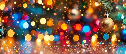  A Christmas ornament dangles from a tree against a backdrop of twinkling lights Foreground features a pine branch