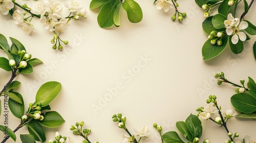 green twigs with leaves and flowers.