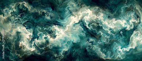  A painting features a blue-and-white swirl against a black-and-green background, accompanied by white swirls on the image's left side