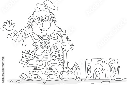 Angry executioner with a wicked grin and a bloody ax near an execution block with a big stump prepared for execution of condemned, black and white vector cartoon illustration for a coloring book