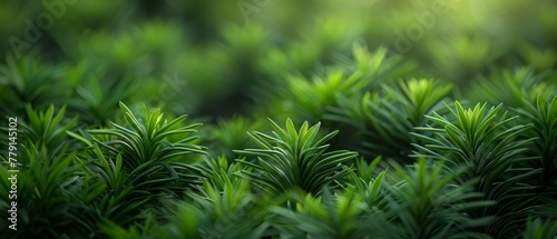   A tight shot of a bush teeming with lush green leaves in the foreground  while the background fades into a blur of trees