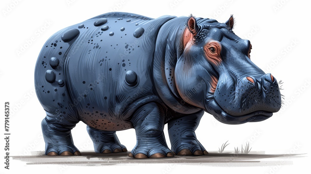   A hippo, adorned with water droplets on its body and snout, positioned against a pristine white backdrop