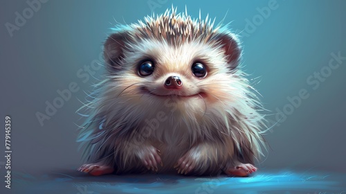   A painting of a baby hedgehog seated on a blue backdrop, its eyes alert and gazing directly at the camera