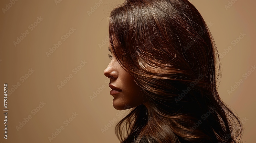 A woman with long brown hair is featured in a close-up image The background consists of a light brown wall A woman with long brown hair is featured in a close-up image The background consists of a light brown wall