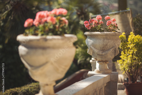 Flower pot at outdoor. Villa Durazzo-Centurione. Santa margherita ligure Italy. Italian garden park with concrete flower stand in the yard. 