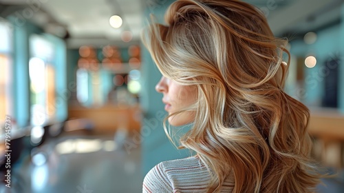   Close-up of a woman with long, wavy blonde hair in a room featuring blue and white walls photo