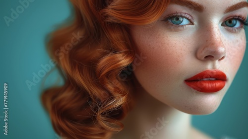  A close-up of a woman's red-haired face adorned with freckles and makeup